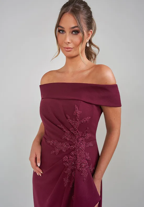Elegant Burgundy Crepe Mermaid Off-the-Shoulder Beaded Floor-Length Slit Mother of the Bride Dress
