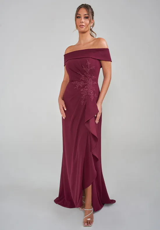 Elegant Burgundy Crepe Mermaid Off-the-Shoulder Beaded Floor-Length Slit Mother of the Bride Dress