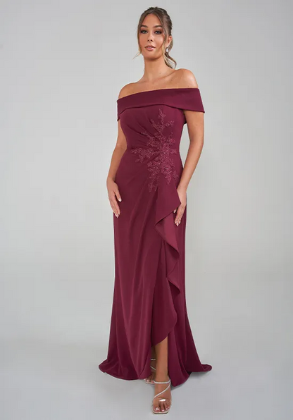 Elegant Burgundy Crepe Mermaid Off-the-Shoulder Beaded Floor-Length Slit Mother of the Bride Dress