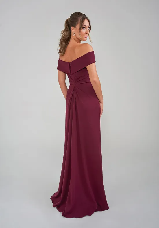 Elegant Burgundy Crepe Mermaid Off-the-Shoulder Beaded Floor-Length Slit Mother of the Bride Dress