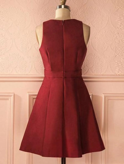Elegant Burgundy Satin A-line Crisscross V Sleeveless ZipperBack Mini Homecoming Dresses