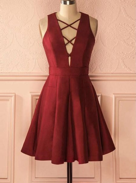 Elegant Burgundy Satin A-line Crisscross V Sleeveless ZipperBack Mini Homecoming Dresses
