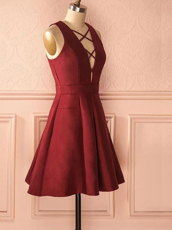 Elegant Burgundy Satin A-line Crisscross V Sleeveless ZipperBack Mini Homecoming Dresses