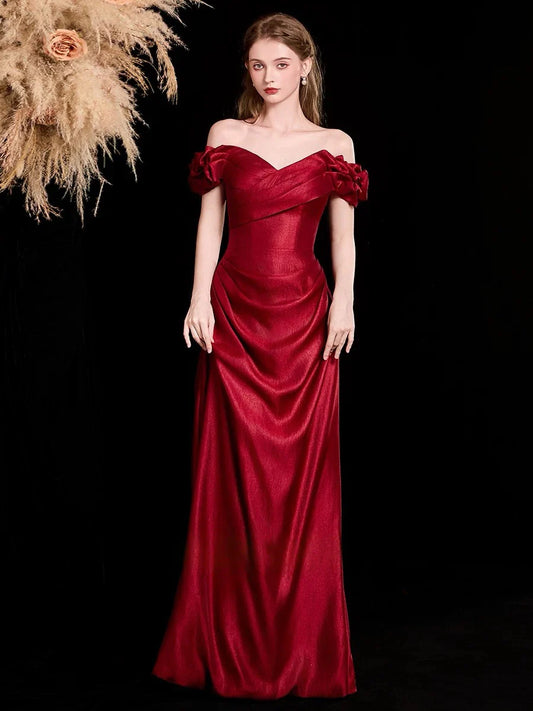 Elegant Burgundy Satin Off-the-Shoulder Ruched Lace-Up Back Prom Dresses