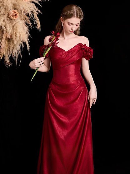 Elegant Burgundy Satin Off-the-Shoulder Ruched Lace-Up Back Prom Dresses