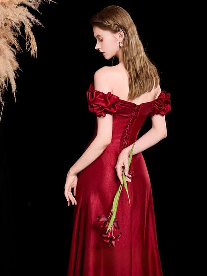 Elegant Burgundy Satin Off-the-Shoulder Ruched Lace-Up Back Prom Dresses