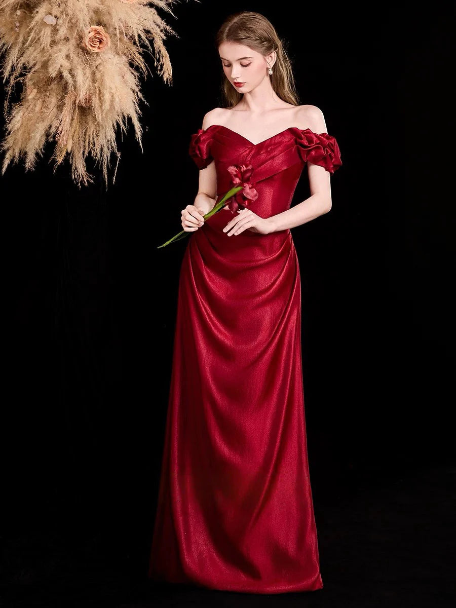 Elegant Burgundy Satin Off-the-Shoulder Ruched Lace-Up Back Prom Dresses