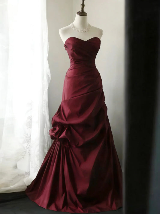 Elegant Burgundy Taffeta Mermaid Strapless Sweetheart Neck Open Back Prom Dresses