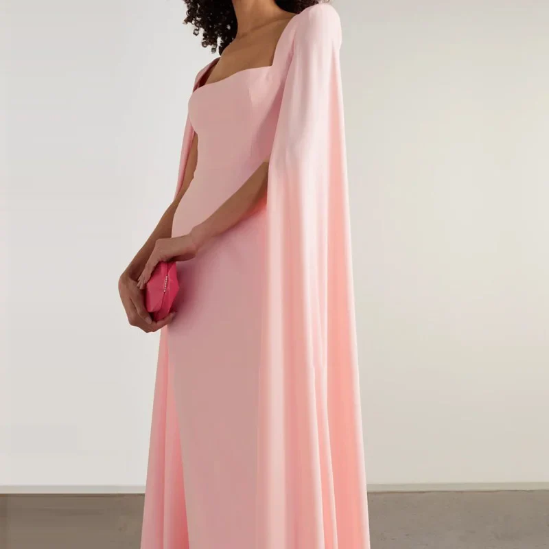 Elegant Cape Sleeve Prom Dress Square Neck Form-Fitting Floor Length Back Slit
