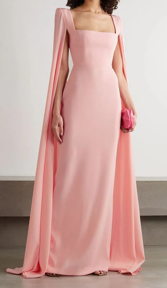 Elegant Cape Sleeve Prom Dress Square Neck Form-Fitting Floor Length Back Slit