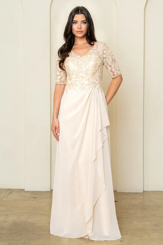 Elegant Champagne A Line V Neck Elbow Sleeves Illusion Back Floor Length Mother of the Bride Dress