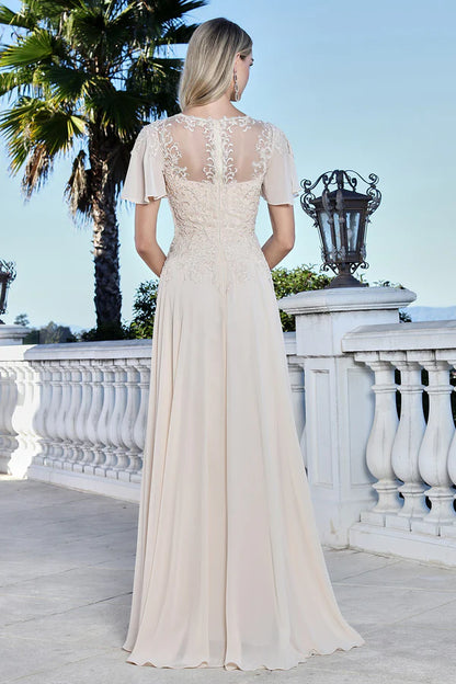 Elegant Lace Chiffon A-Line V-Neck Flutter Sleeve Champagne Mother of the Bride Gown