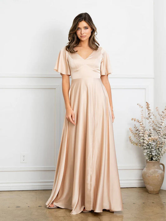 Elegant Champagne A Line V Neck Flutter Sleeves Keyhole Back Floor Length Mother of the Bride Dress