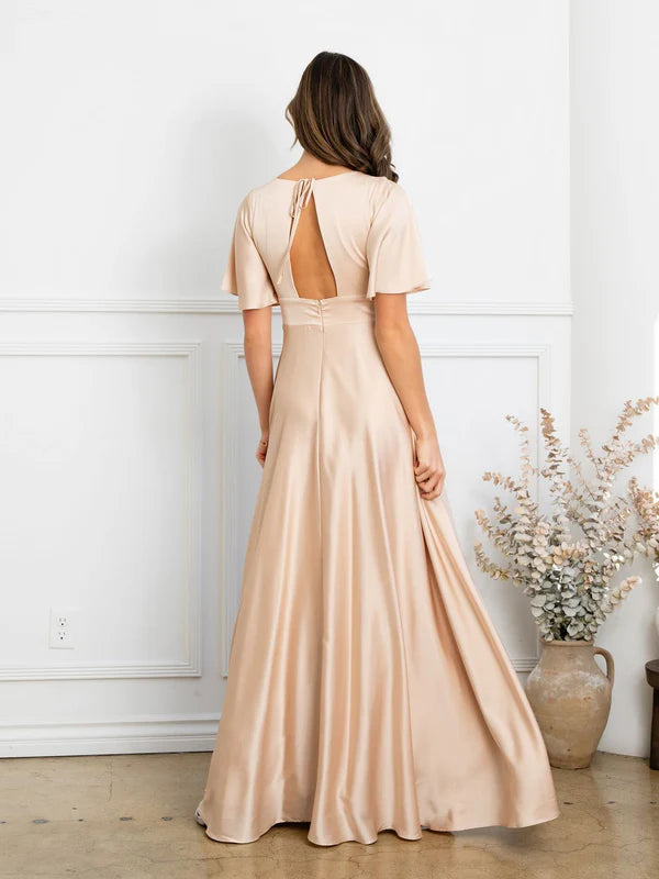 Elegant Champagne Satin A-Line V-Neck Flutter Sleeve Mother of the Bride Dress