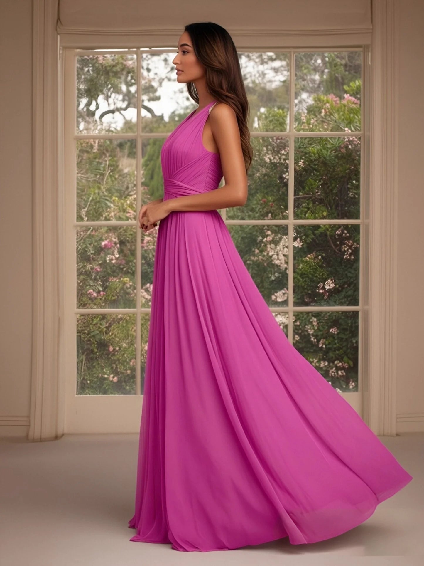 Elegant Flowy Chiffon A-Line Halter-Neck Ruched Bodice Floor-Length Evening Dress