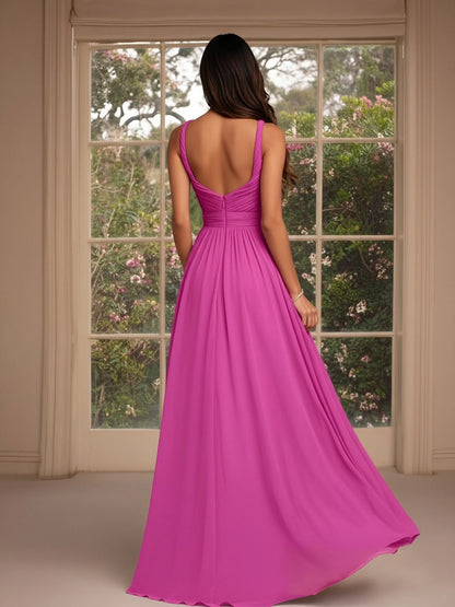 Elegant Flowy Chiffon A-Line Halter-Neck Ruched Bodice Floor-Length Evening Dress