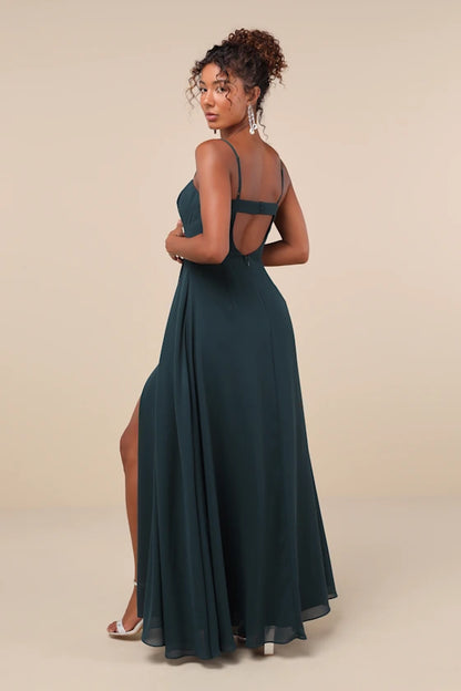 Elegant Chiffon Evening Dresses with Spaghetti Straps, Mesh Sweetheart Neckline and High Slit Formal Gown