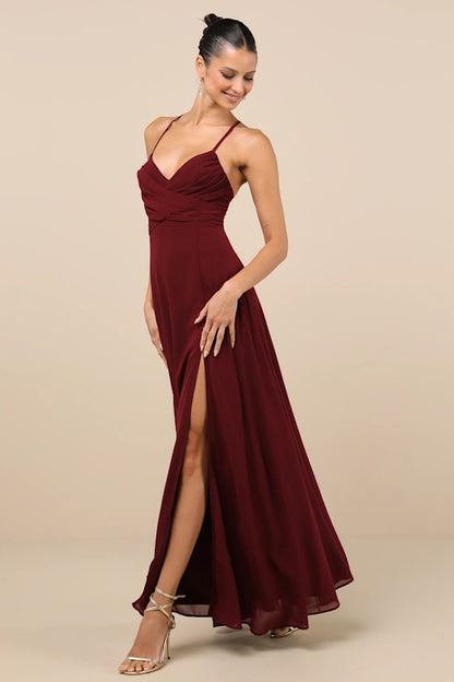 Elegant Chiffon Evening Dresses with Spaghetti Straps, Ruched Bodice and Lace-Up Back Formal Gown
