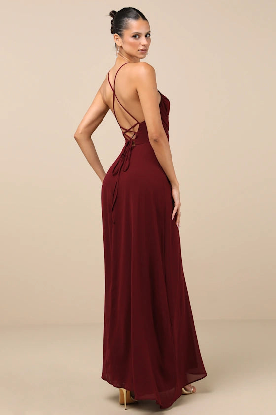 Elegant Chiffon Evening Dresses with Spaghetti Straps, Ruched Bodice and Lace-Up Back Formal Gown
