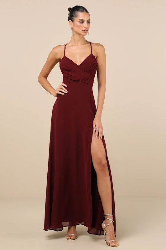Elegant Chiffon Evening Dresses with Spaghetti Straps, Ruched Bodice and Lace-Up Back Formal Gown