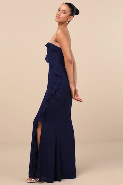 Elegant Chiffon Evening Dresses with Strapless Neckline, Ruffle Detail and High Slit Formal Gown