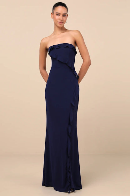 Elegant Chiffon Evening Dresses with Strapless Neckline, Ruffle Detail and High Slit Formal Gown