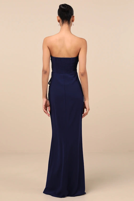 Elegant Chiffon Evening Dresses with Strapless Neckline, Ruffle Detail and High Slit Formal Gown
