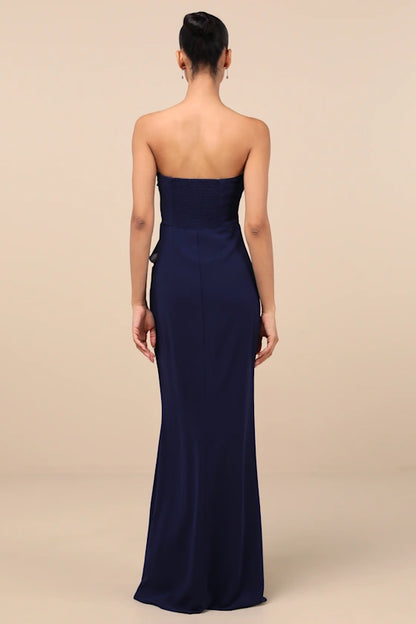 Elegant Chiffon Evening Dresses with Strapless Neckline, Ruffle Detail and High Slit Formal Gown