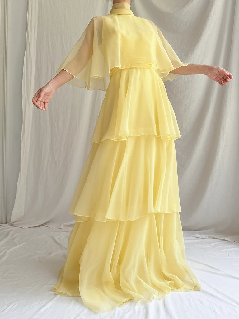 Elegant Chiffon Tiered Maxi Dress High Neck Ruffle Sleeve Formal Evening Gown