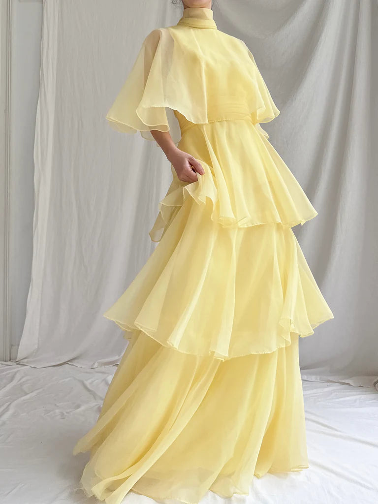 Elegant Chiffon Tiered Maxi Dress High Neck Ruffle Sleeve Formal Evening Gown
