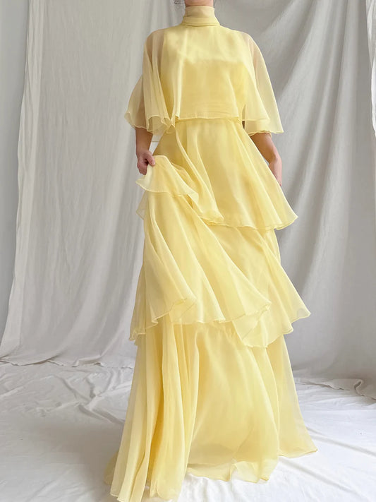 Elegant Chiffon Tiered Maxi Dress High Neck Ruffle Sleeve Formal Evening Gown