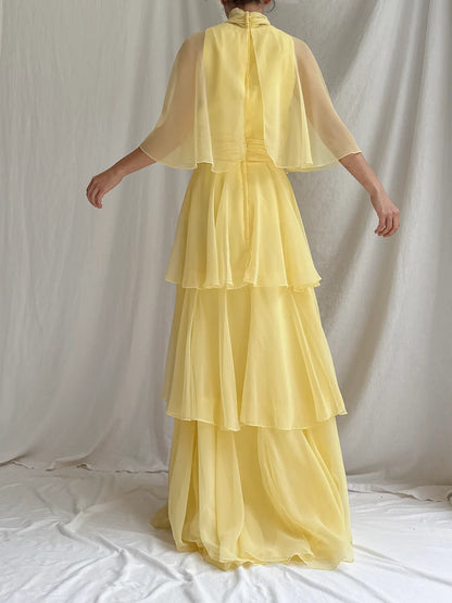 Elegant Chiffon Tiered Maxi Dress High Neck Ruffle Sleeve Formal Evening Gown