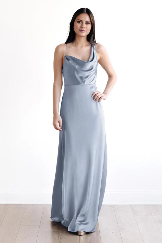 Elegant Cowl Neck Asymmetric Strap Open Back Satin Floor-Length Evening Dress