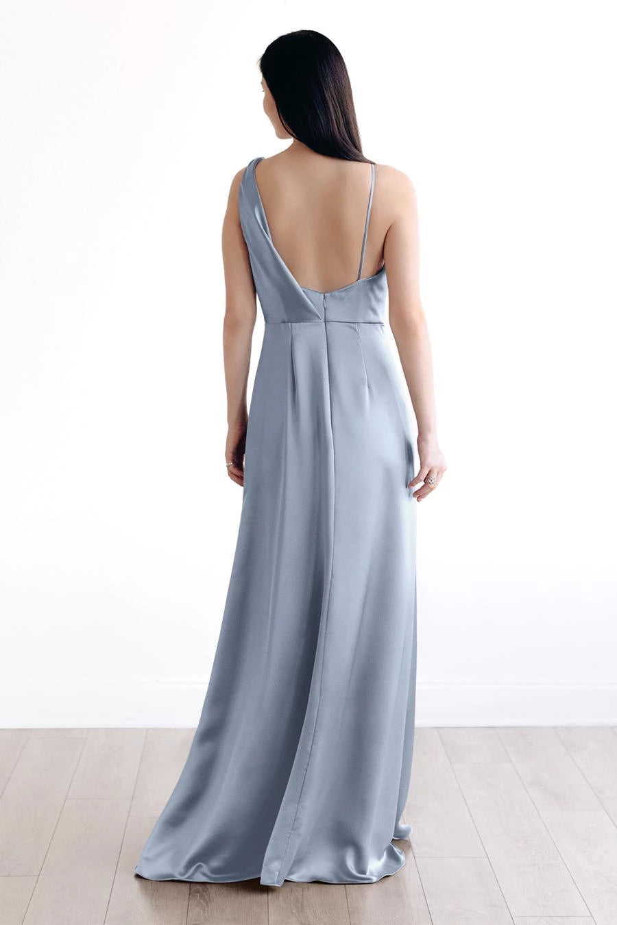 Elegant Cowl Neck Asymmetric Strap Open Back Satin Floor-Length Evening Dress