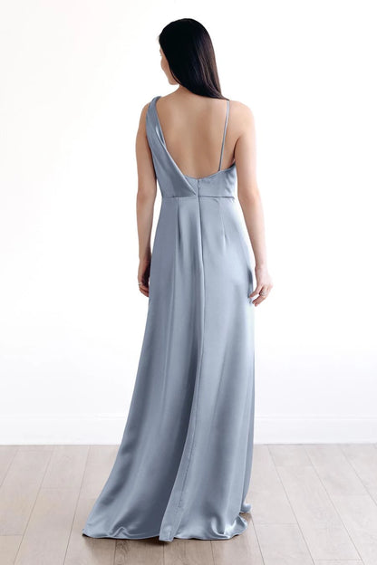 Elegant Cowl Neck Asymmetric Strap Open Back Satin Floor-Length Evening Dress