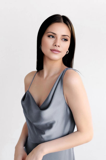 Elegant Cowl Neck Asymmetric Strap Open Back Satin Floor-Length Evening Dress