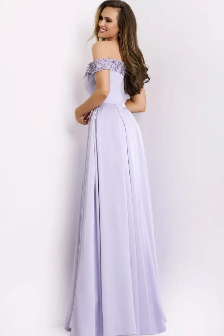 Elegant Crepe A-Line Off-the-Shoulder Beaded V Neck Floor Length Formal Evening Dress with Slit