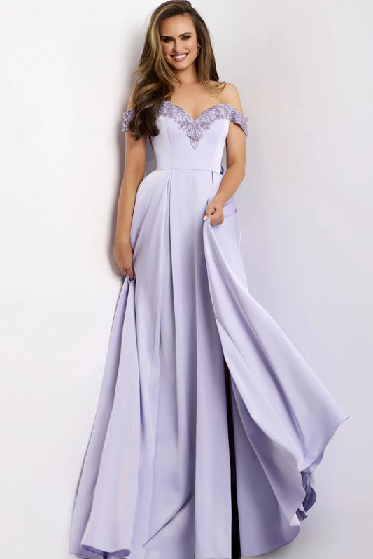 Elegant Crepe A-Line Off-the-Shoulder Beaded V Neck Floor Length Formal Evening Dress with Slit