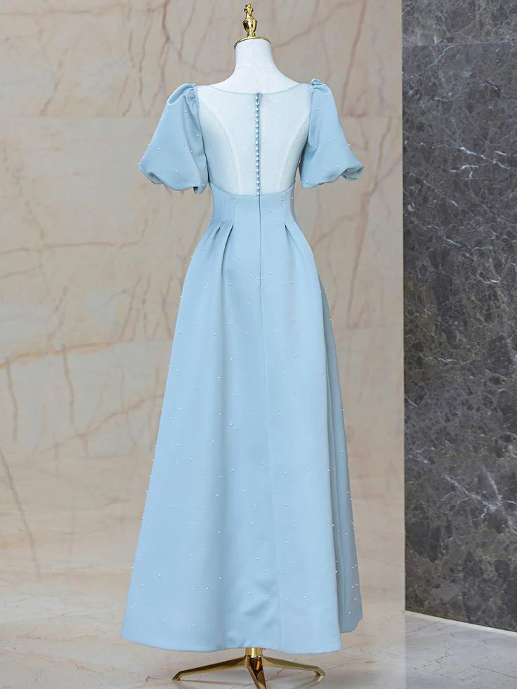Elegant Crepe A-Line Sweetheart Puffed-Sleeve Timeless Romantic Floor-Length Prom Gown