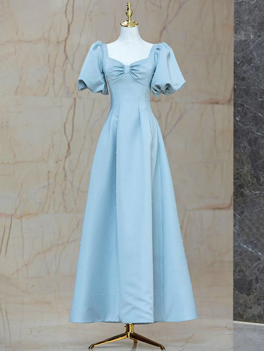 Elegant Crepe A-Line Sweetheart-Neck Puffed-Sleeve Floor Length Prom Dress