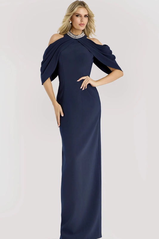 Elegant Crepe Sheath High Neck Cold Shoulder Beaded Floor Length Formal Evening Dress with Slit