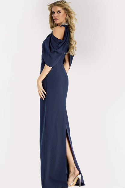 Elegant Crepe Sheath High Neck Cold Shoulder Beaded Floor Length Formal Evening Dress with Slit