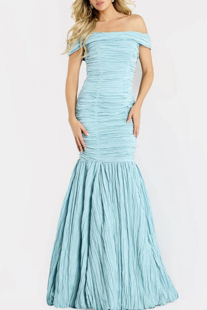 Elegant Crinkled Fabric Mermaid Silhouette Off-the-Shoulder Short Sleeve Floor-Length Evening Dress for Formal Events