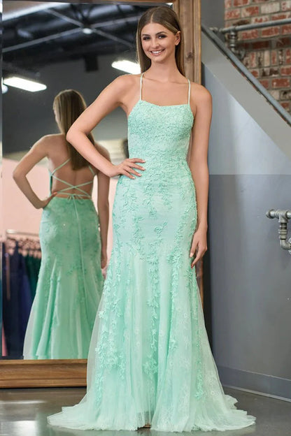 Elegant Delicate Floral Lace Appliqué Mermaid Silhouette Square Neck Spaghetti Straps Lace-Up Crisscross Back Floor-Length with Train Prom Dress