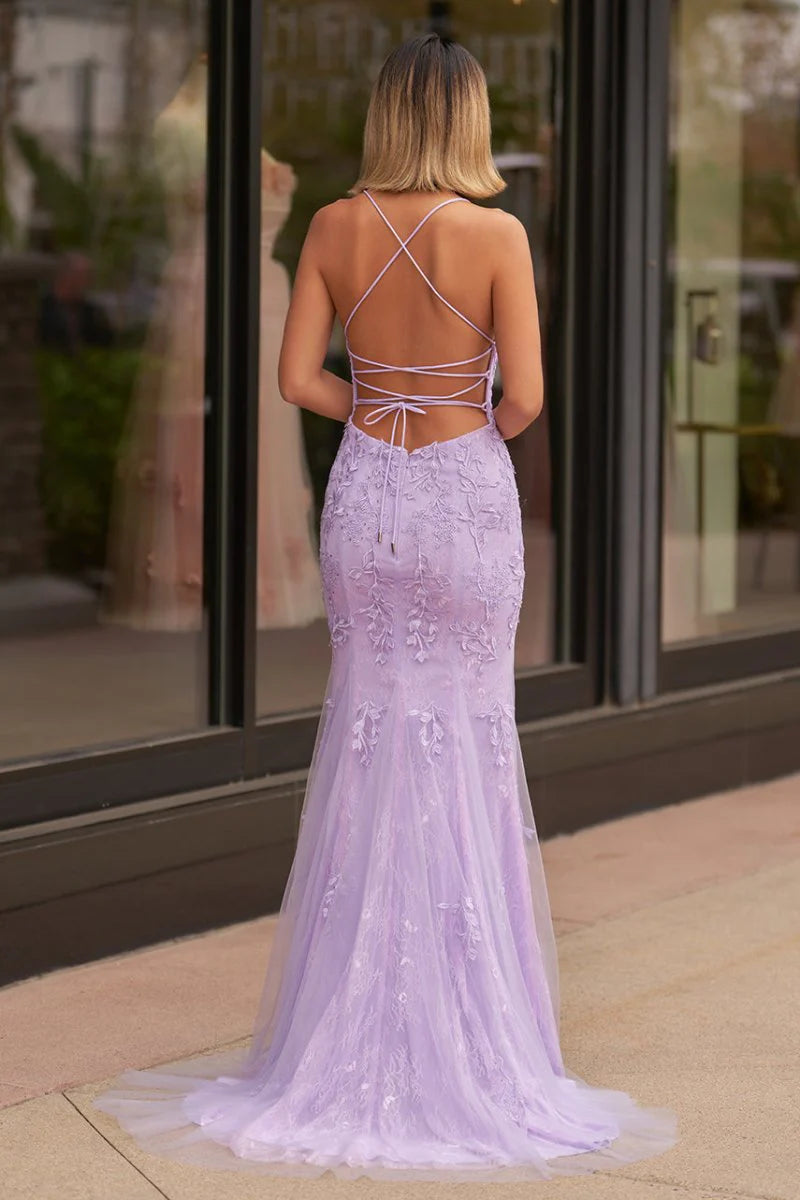 Elegant Delicate Floral Lace Appliqué Mermaid Silhouette Square Neck Spaghetti Straps Lace-Up Crisscross Back Floor-Length with Train Prom Dress