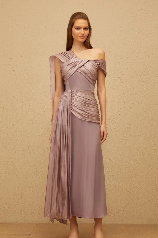 Elegant Draped One Shoulder Sleeveless Lace-Up Back Midi Length Evening Dress