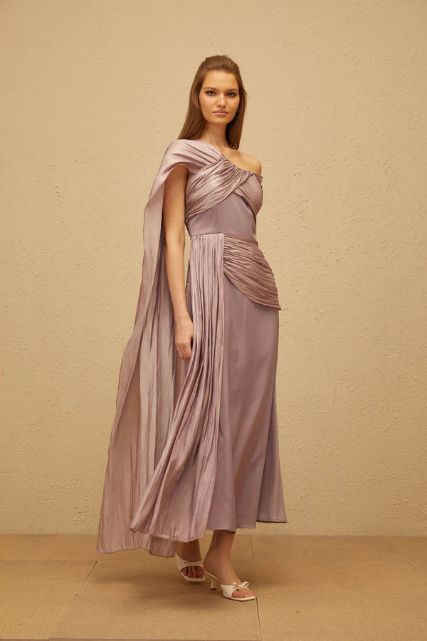 Elegant Draped One Shoulder Sleeveless Lace-Up Back Midi Length Evening Dress