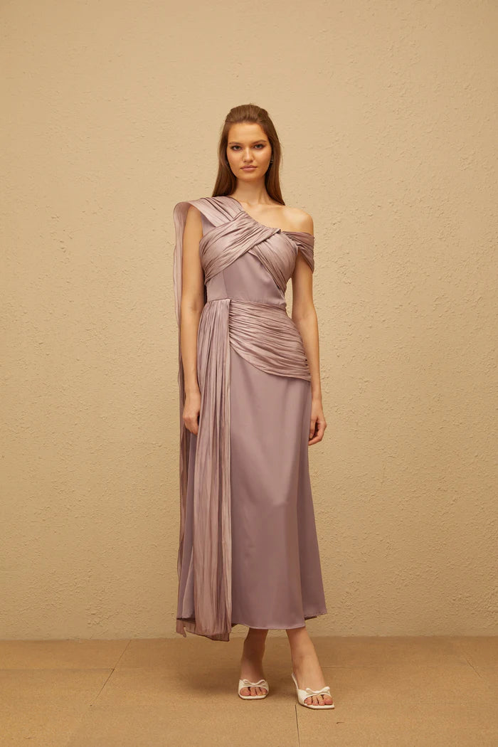 Elegant Draped One Shoulder Sleeveless Lace-Up Back Midi Length Evening Dress
