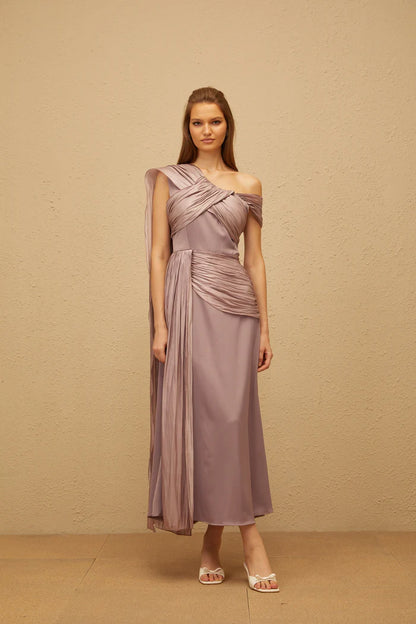 Elegant Draped One Shoulder Sleeveless Lace-Up Back Midi Length Evening Dress