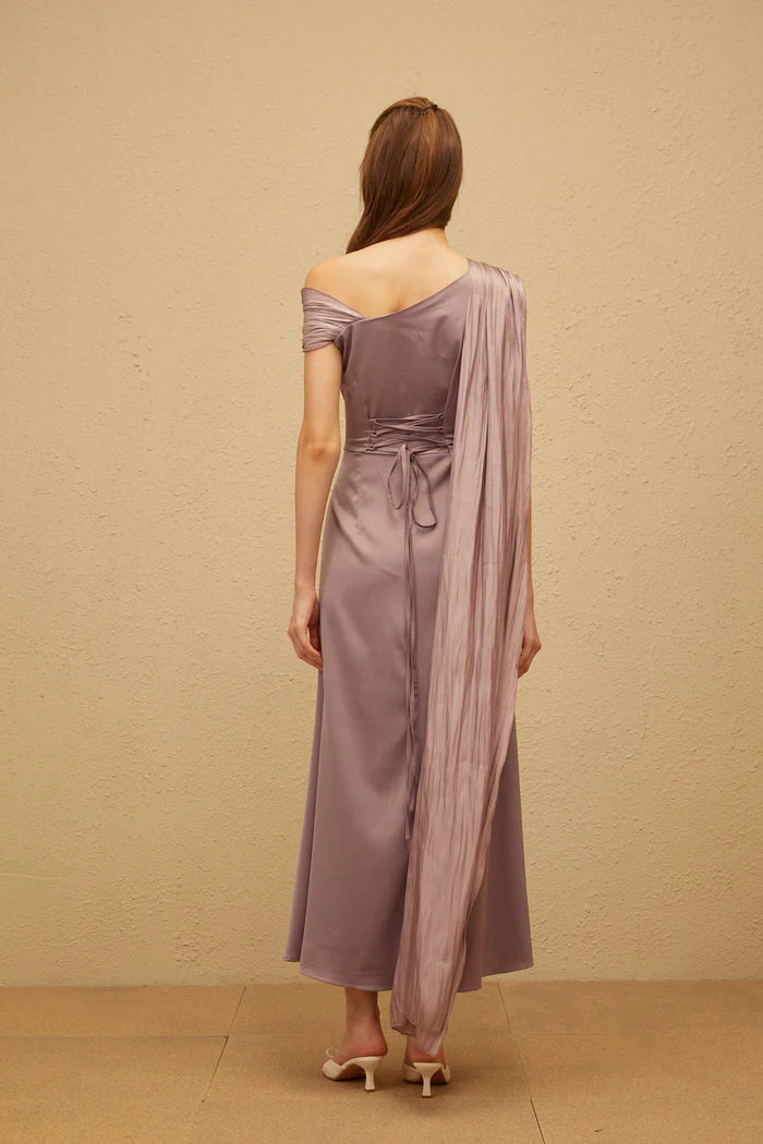 Elegant Draped One Shoulder Sleeveless Lace-Up Back Midi Length Evening Dress